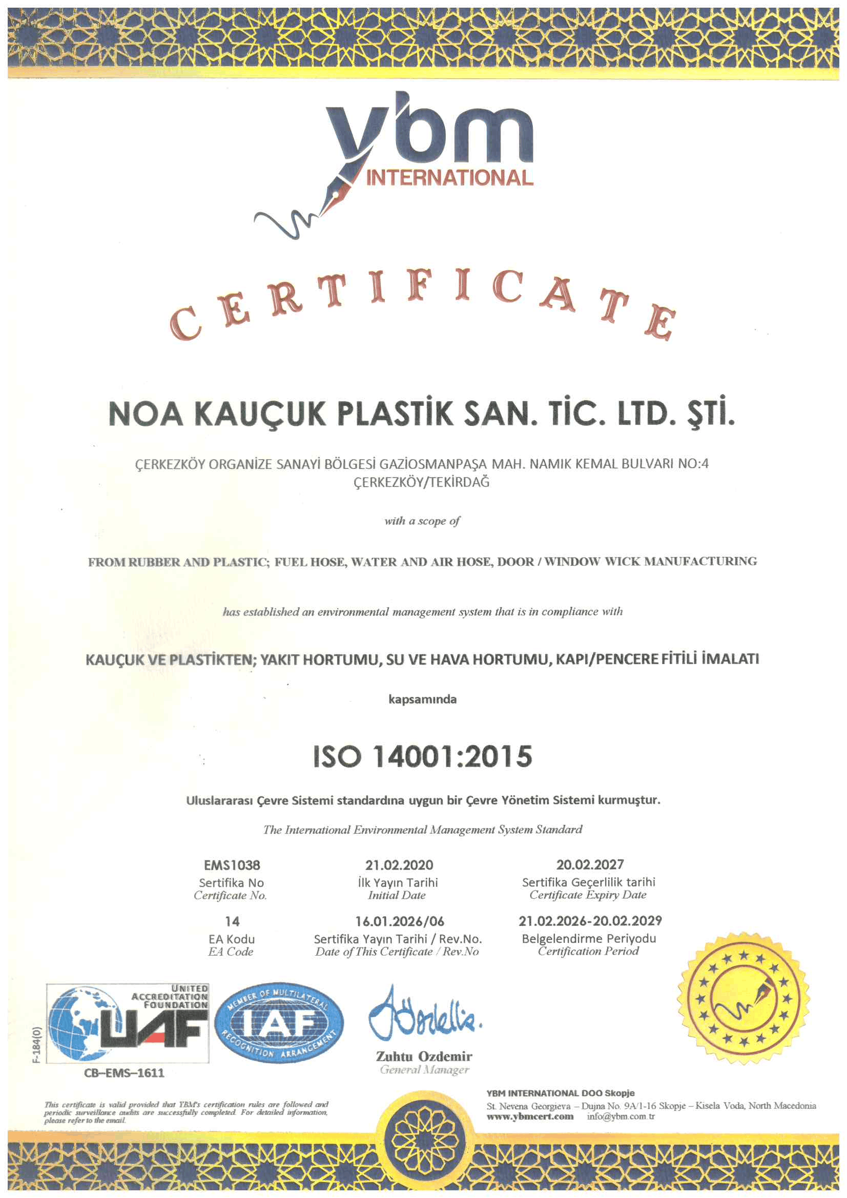 Noa Kauçuk ISO 14001:2015 Çevre Yönetim Sistemi Sertifikası