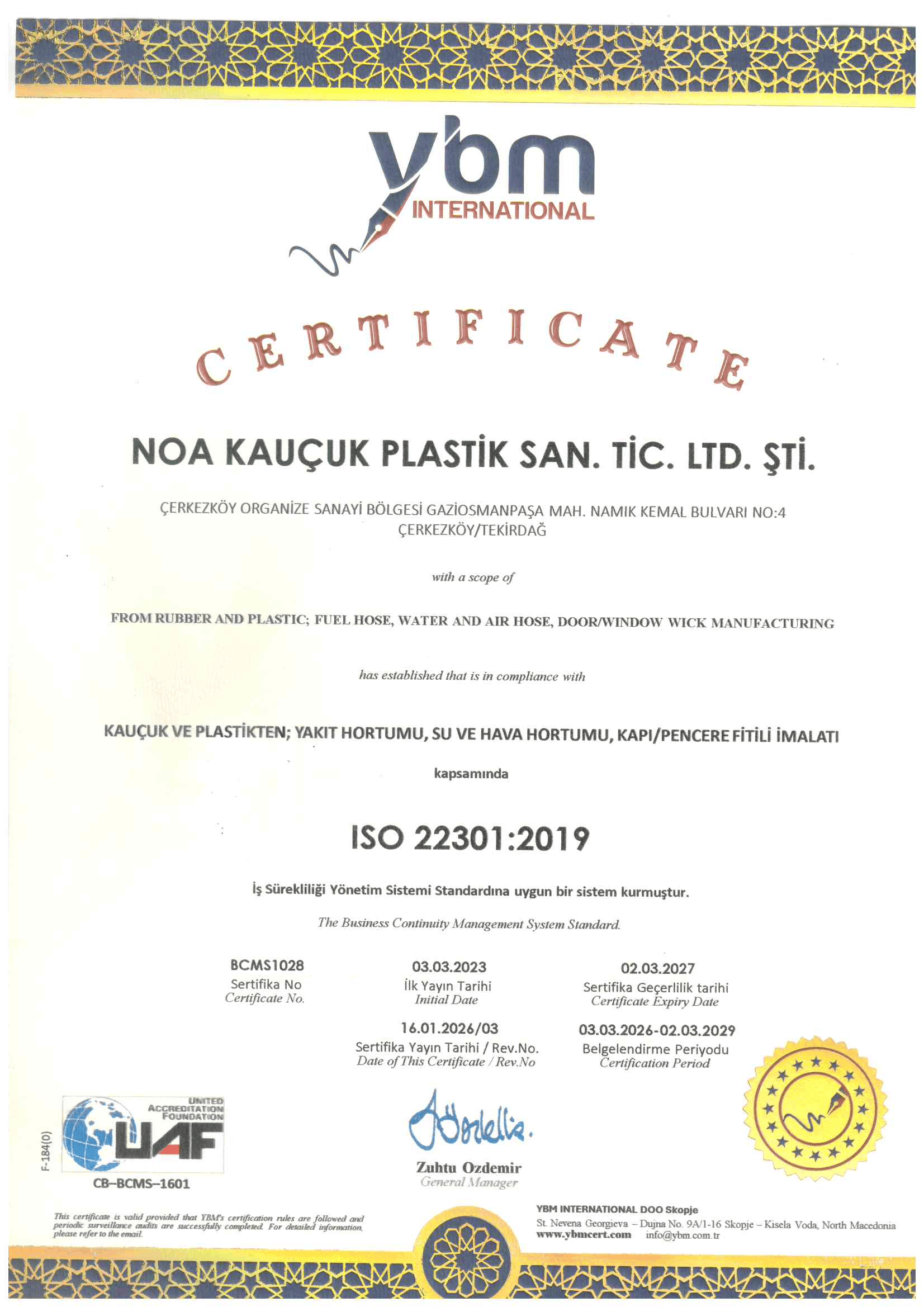 Noa Kauçuk ISO 22301:2019 İş Sürekliliği Yönetim Sistemi Sertifikası