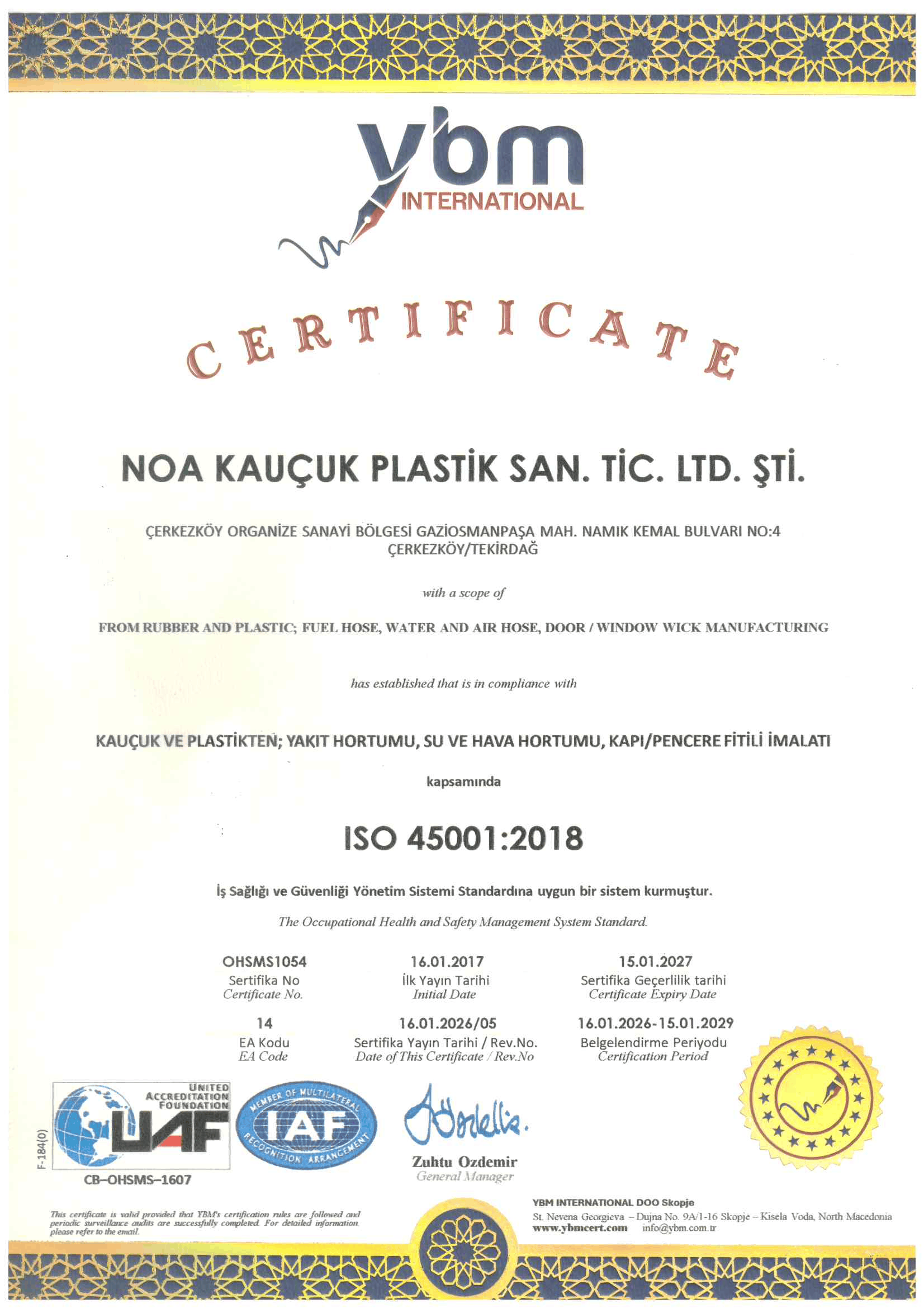 Noa Kauçuk ISO 45001:2018 İş Sağlığı ve Güvenliği Sertifikası