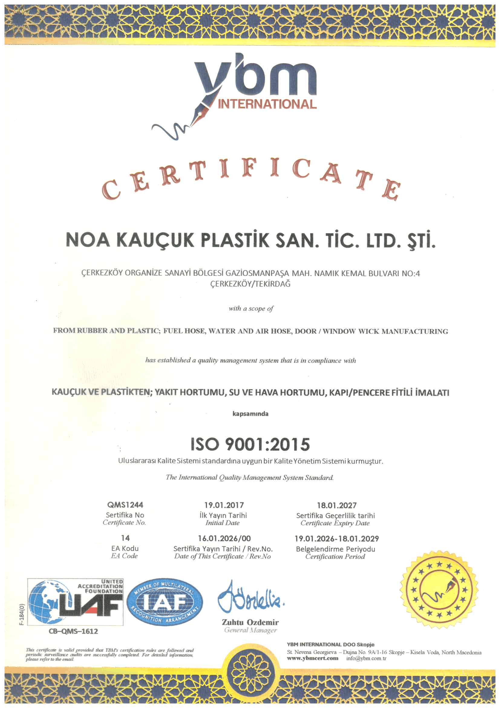 Noa Kauçuk ISO 9001:2015 Kalite Yönetim Sistemi Sertifikası